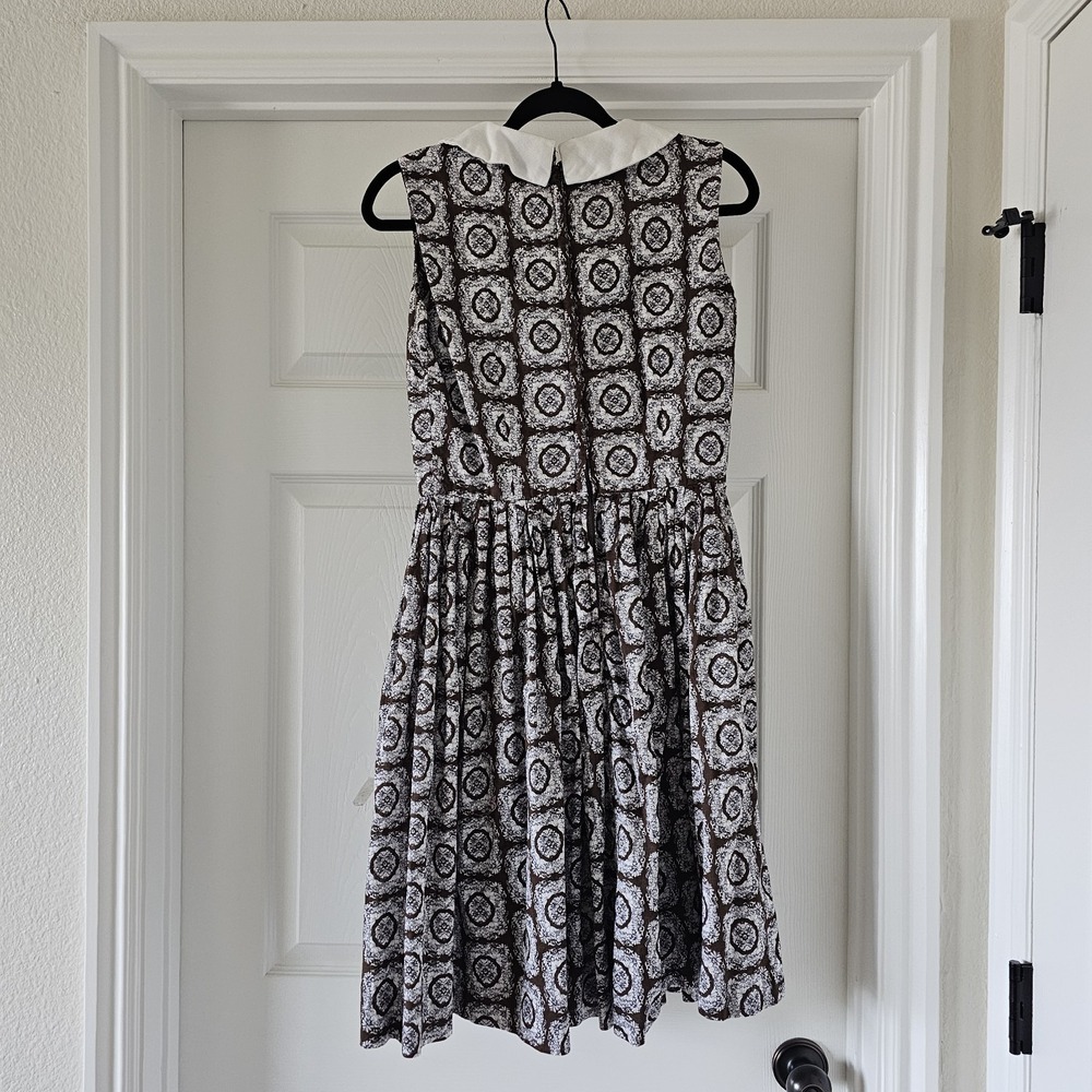 1950s 1960s Vintage Cotton Midi Dress Brown & White #44 - Picture 4 of 7